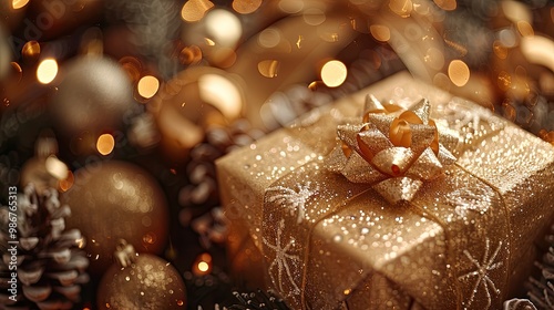 Sparkling Christmas greetings with a New Year's present tied with a shimmering gold ribbon against a festive background of ornate Christmas.