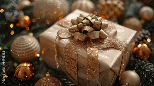 Sparkling Christmas greetings with a New Year's present tied with a shimmering gold ribbon against a festive background of ornate Christmas.