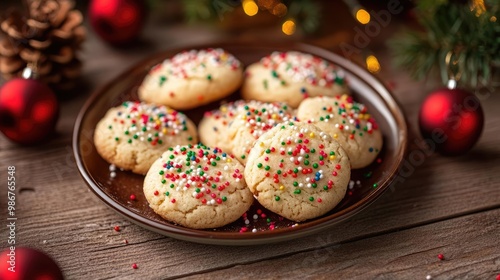 Festive sugar cookies with colorful sprinkles, perfect for holiday celebrations and family gatherings, set on a rustic wooden table.