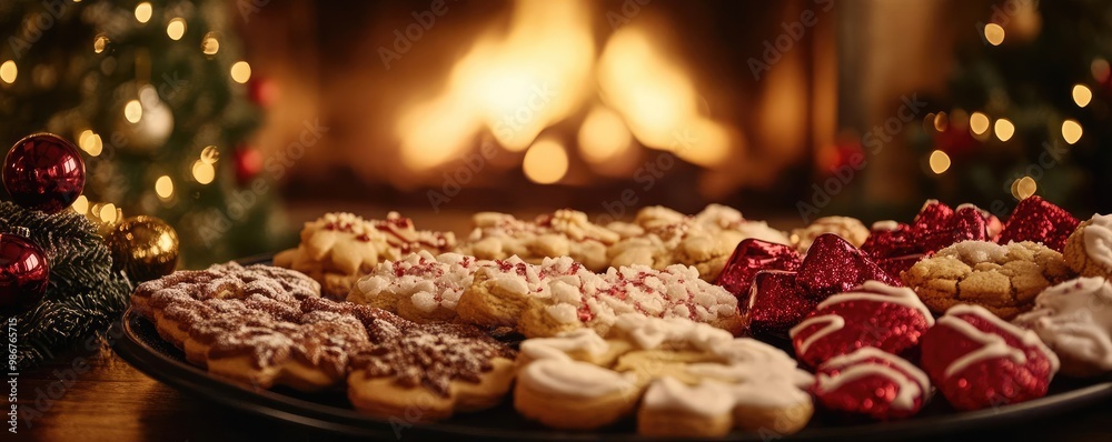 Warm cookies on a festive plate by the fireplace, perfect for holiday gatherings and celebrations with loved ones.
