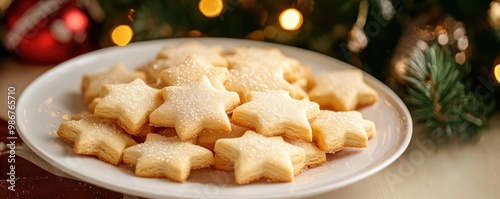 Delicious star-shaped cookies on a festive plate, surrounded by holiday decorations. Perfect for Christmas celebrations.