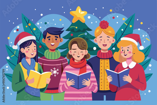 A group of friends dressed in winter attire sings cheerful carols under a decorated tree at night, Customizable flat illustration of friends diving.