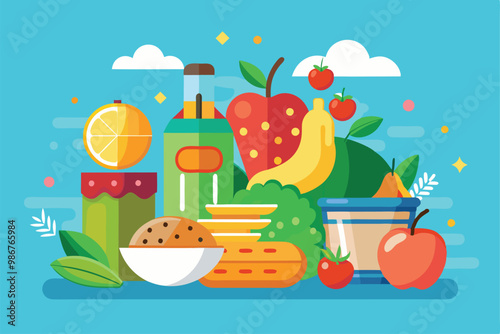 A vibrant arrangement of healthy food items including fruits, vegetables, and snacks displayed creatively, Customizable flat illustration of healthy food.