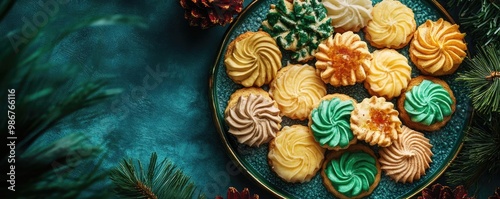 An assortment of colorful festive cookies arranged beautifully on a decorative plate, perfect for holiday gatherings and celebrations.