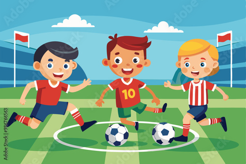 Three young soccer players happily playing together on a bright, sunny field with goalposts in the background, Customizable flat illustration of junior soccer.