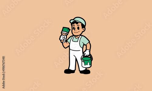 Painter holding brush and paint bucket, ready to work