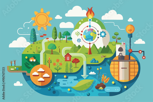 This illustration visualizes the nitrogen cycle, featuring plants, water, and atmospheric processes, Customizable flat illustration of nitrogen cycle.