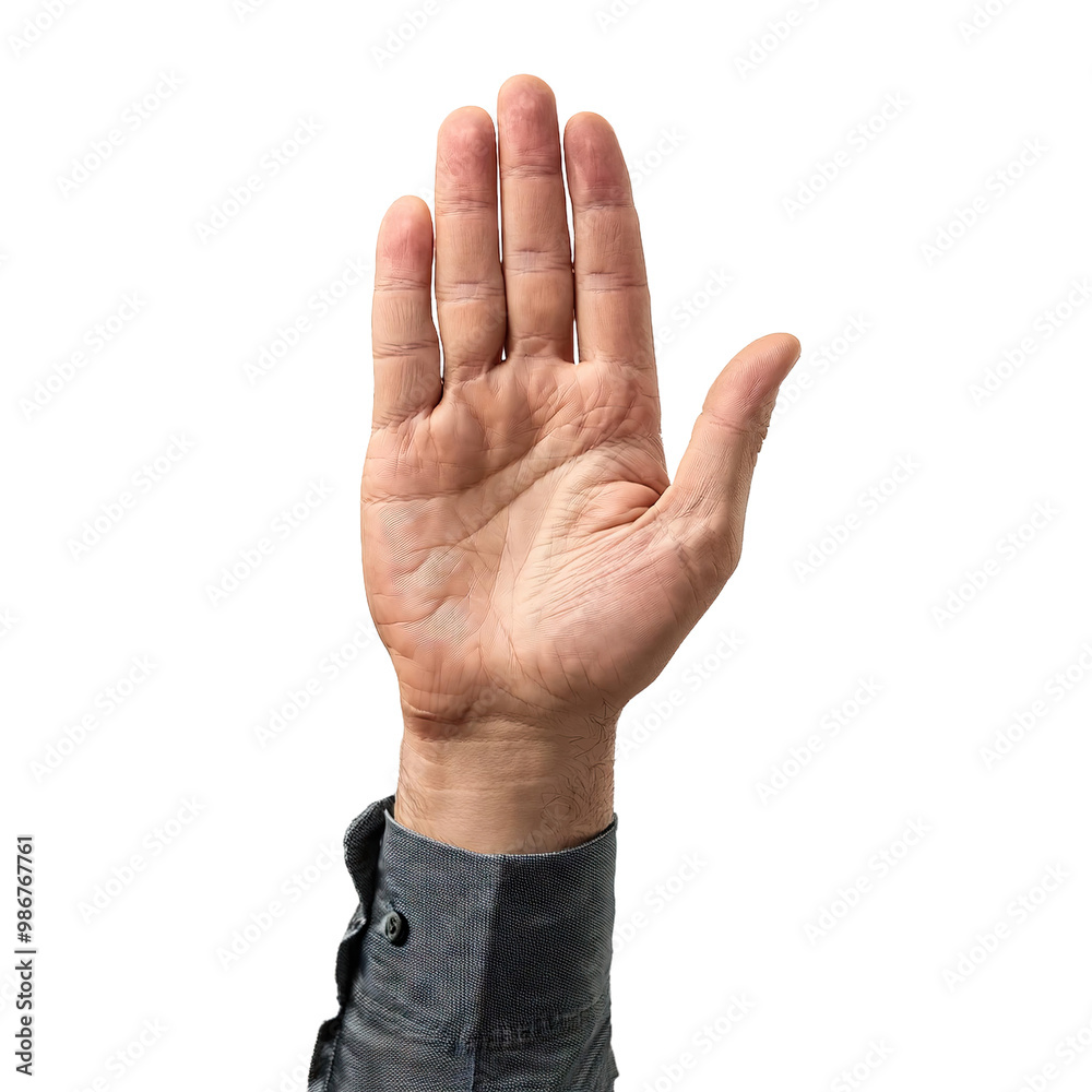 Man's hand raised in stop sign Man's hand raised in stop sign