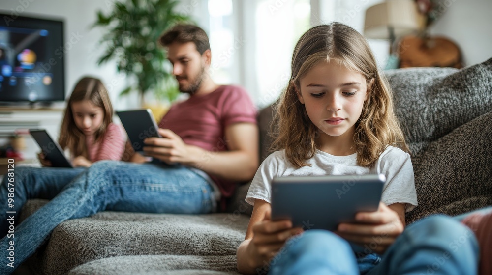 Family gathered in the living room, each using a different device: parent on a laptop, child gaming on a tablet, teenager texting on a smartphone Family gathered in the living room, each using a different device: parent on a laptop, child gaming on a tablet, teenager texting on a smartphone