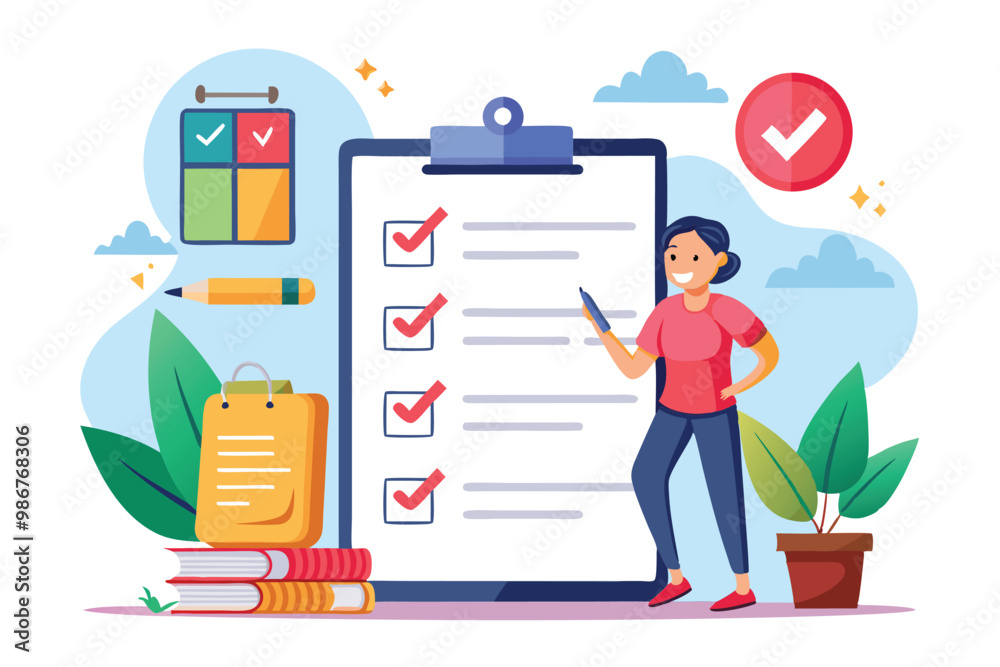 A character stands beside a checklist, surrounded by study materials and plants, focused on personal goals, Customizable flat illustration of personal goals checklist. A character stands beside a checklist, surrounded by study materials and plants, focused on personal goals, Customizable flat illustration of personal goals checklist.