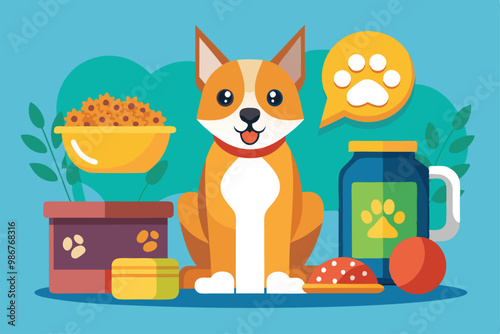 A cheerful dog is surrounded by various pet food items, depicting a vibrant scene of feeding time, Customizable flat illustration of pet food.