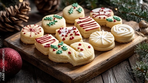 Festive decorated cookies on a wooden platter, perfect for holiday celebrations and gatherings, surrounded by Christmas ambiance.