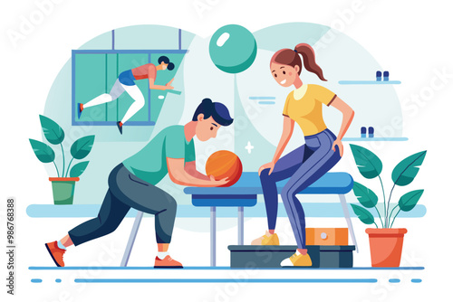 A patient engages in therapy exercises using a ball while a therapist observes in a bright clinic with plants, Customizable flat illustration of physical therapy exercise.