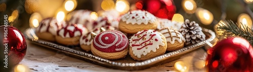 Delicious decorated cookies arranged on a tray, perfect for festive celebrations and holiday gatherings, with twinkling lights in the background.