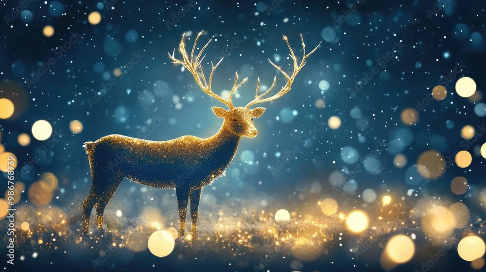 A majestic deer stands gracefully in a snowy landscape, surrounded by shimmering lights and falling snowflakes, capturing winter magic. A majestic deer stands gracefully in a snowy landscape, surrounded by shimmering lights and falling snowflakes, capturing winter magic.