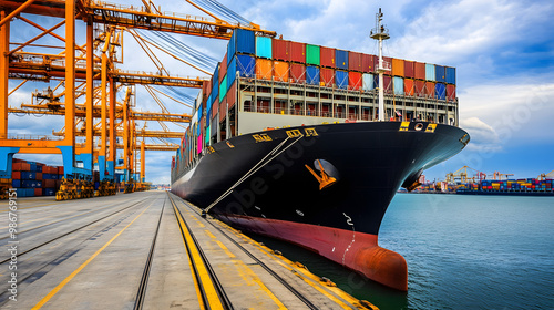 Large cargo ship docked at empty port with stacked containers and idle cranes, symbolizing port strike and industrial tension.