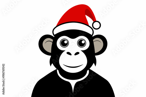 Monkey Wearing a Santa Claus Hat Black Silhouette Illustration.