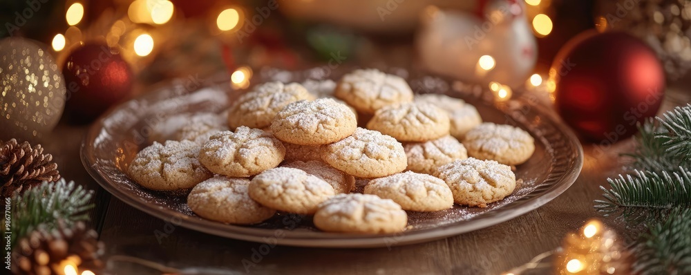 Delicious Christmas cookies arranged on a festive plate, surrounded by holiday decorations and warm lights. Delicious Christmas cookies arranged on a festive plate, surrounded by holiday decorations and warm lights.