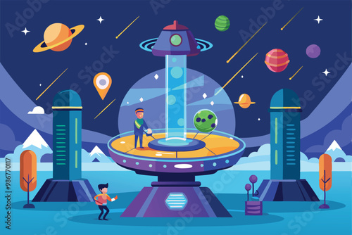 A colorful depiction of teleportation, showcasing a traveler with a device amidst planets and stars, Customizable flat illustration of teleportation.