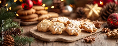Delicious holiday cookies decorated with icing, set on a rustic wooden table with festive ornaments and pine cones.