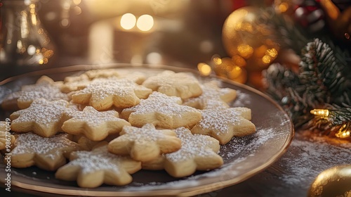 A beautifully decorated plate of star-shaped cookies dusted with powdered sugar, perfect for holiday celebrations and festivities.