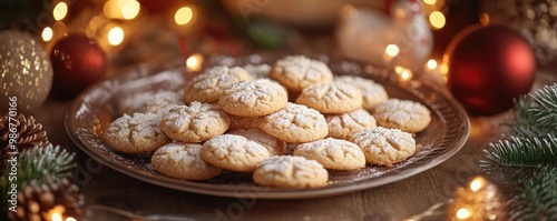 Delicious Christmas cookies arranged on a festive plate, surrounded by holiday decorations and warm lights.