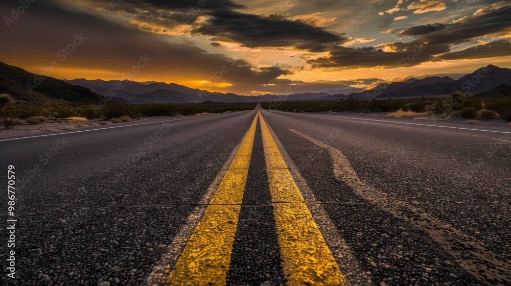 Naklejka premium Endless Road Through Desert Landscape at Sunset