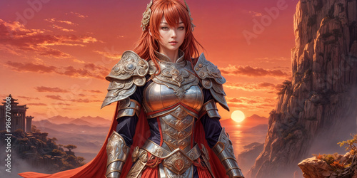  a female warrior in full armor, standing on a rocky outcropping with a dramatic sunset in the background. photo