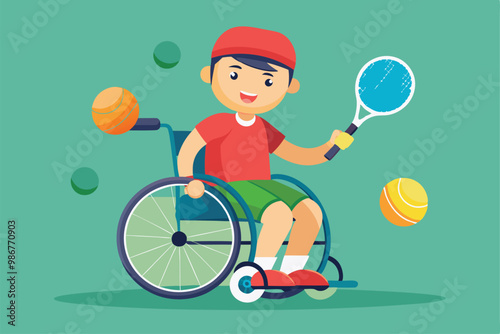 A cheerful young player is engaging in wheelchair tennis, showcasing sportsmanship and joy, Customizable flat illustration of wheelchair tennis.