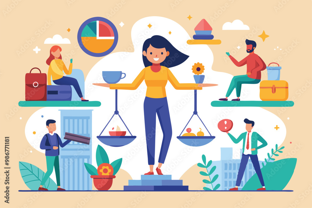 A vibrant illustration depicts a woman balancing work and life, with people enjoying leisure activities, Customizable flat illustration of work-life balance. A vibrant illustration depicts a woman balancing work and life, with people enjoying leisure activities, Customizable flat illustration of work-life balance.