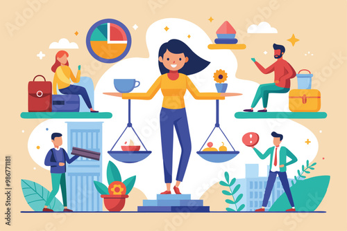 A vibrant illustration depicts a woman balancing work and life, with people enjoying leisure activities, Customizable flat illustration of work-life balance.