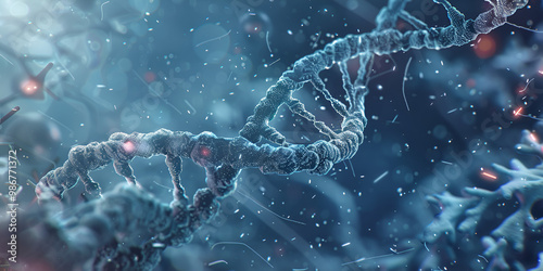 3D DNA molecule twisted double strand blue color microscopic view , genetically altered genome , genomic therapy to reduce aging, blue print of life 