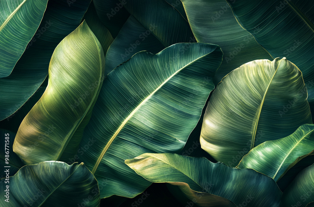 Obraz premium Close up of large banana leaves against a dark green background