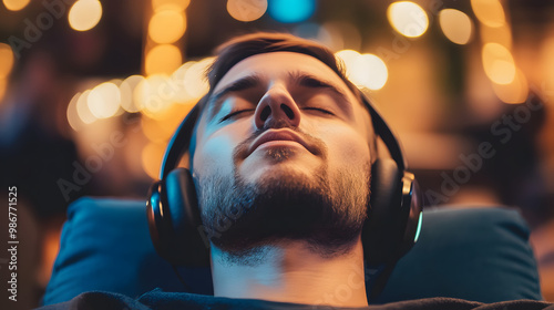 Man wearing noise-canceling headphones, focused and relaxed in a busy office environment, symbolizing the concept of noise cancellation and productivity enhancement.