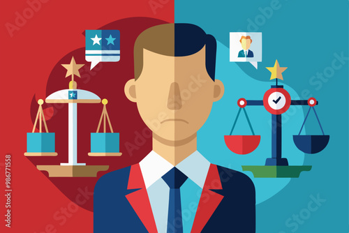 A flat design showcases a figure contemplating the balance of justice, featuring scales and symbols of law, Customizable flat illustration representing ideological differences.