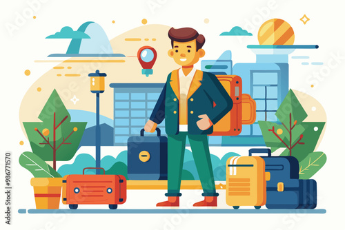 A traveler stands ready with luggage in a lively urban environment, eager to embark on an adventure, Customizable flat illustration ready to depart.