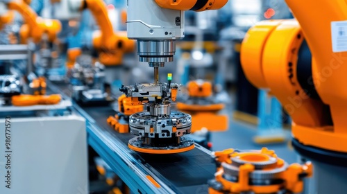 A robotic arm assembles components in a modern industrial setting, showcasing automation and precision in manufacturing processes.