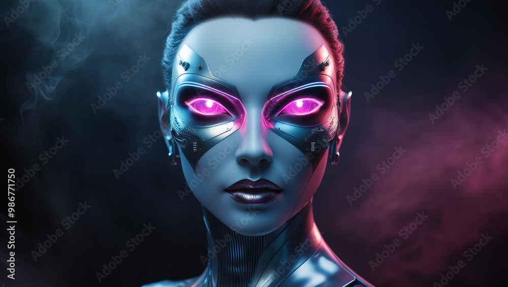 Sleek and High-Tech: Neon Accented Robotic Face in 3D Sleek and High-Tech: Neon Accented Robotic Face in 3D