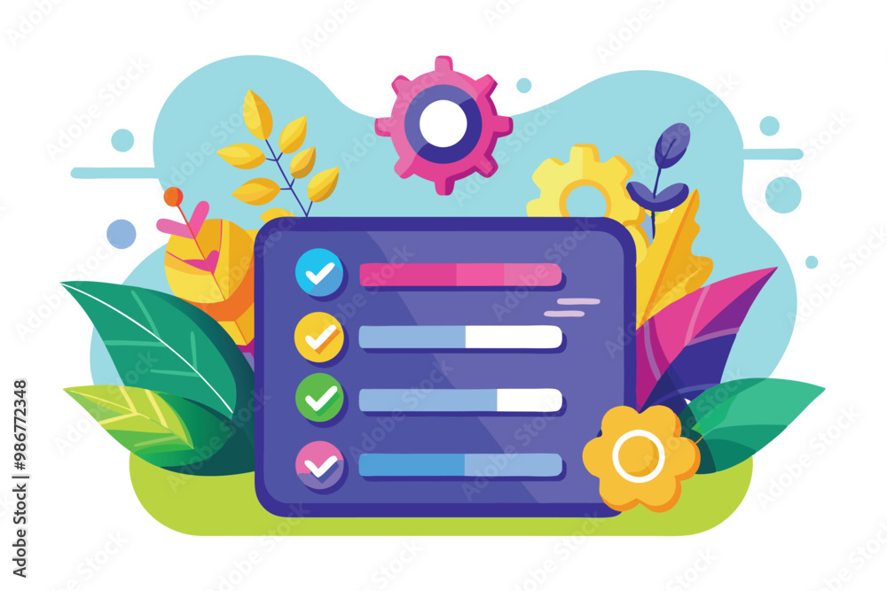 A colorful task management board surrounded by vibrant leaves and flowers, ideal for organization and planning, Customizable flat illustration that can be toggled. A colorful task management board surrounded by vibrant leaves and flowers, ideal for organization and planning, Customizable flat illustration that can be toggled.