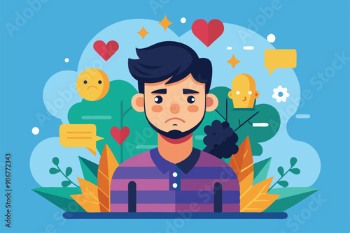 A young man with a sad expression surrounded by hearts, frowning faces, and vibrant foliage, capturing jealousy, Customizable flat illustration that evokes jealousy.