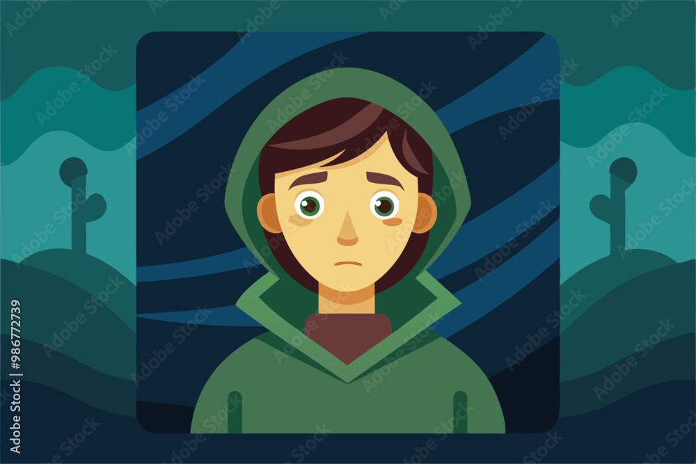 The illustration features a young person in a green hoodie, looking lost against an abstract backdrop, Customizable flat illustration that is lost. The illustration features a young person in a green hoodie, looking lost against an abstract backdrop, Customizable flat illustration that is lost.