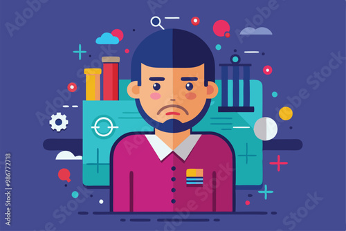 A man with a guilty expression stands amidst colorful tools and creative elements in a workspace, Customizable flat illustration that is guilty.