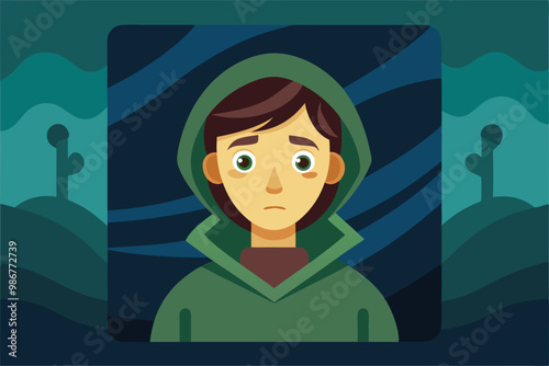 The illustration features a young person in a green hoodie, looking lost against an abstract backdrop, Customizable flat illustration that is lost.