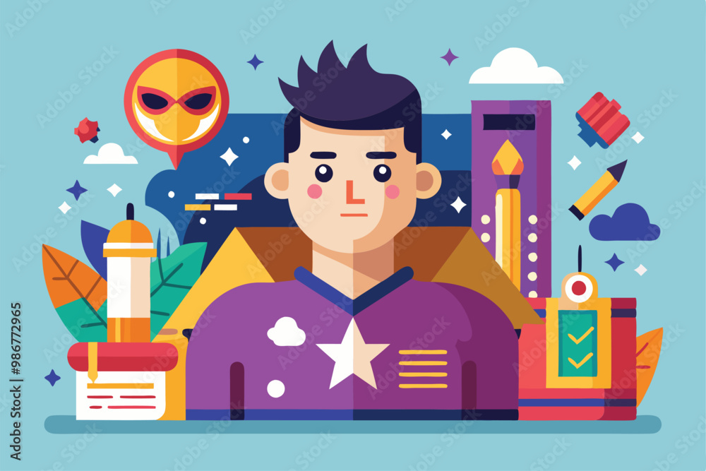 A young character appears overwhelmed in a vibrant setting filled with diverse creative tools and elements, Customizable flat illustration that is overwhelming. A young character appears overwhelmed in a vibrant setting filled with diverse creative tools and elements, Customizable flat illustration that is overwhelming.