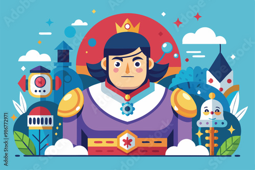 A king with a crown stands prominently, surrounded by colorful trees, towers, and playful characters in the background, Customizable flat illustration that is overwhelming.