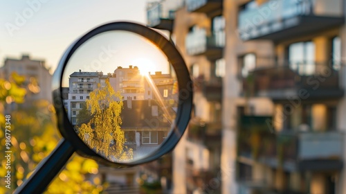 Searching for a new house to purchase, represented by a magnifying glass near a residential building, Ai Generated