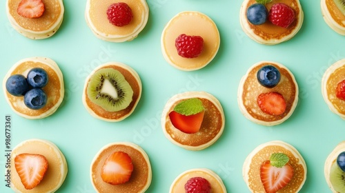 Set of mini pancakes with fresh fruit toppings, isolated on a pastel mint green background, colorful and fun brunch.