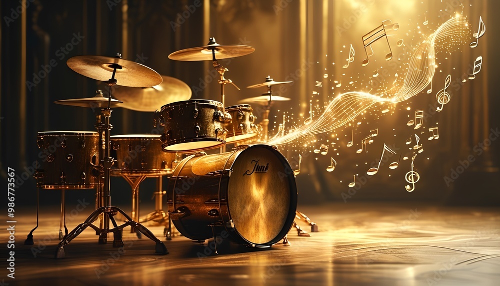 A gleaming gold drum set sits on a polished wooden stage, bathed in warm, golden light. Musical notes swirl around the drums, creating a sense of energy and rhythm. A gleaming gold drum set sits on a polished wooden stage, bathed in warm, golden light. Musical notes swirl around the drums, creating a sense of energy and rhythm.