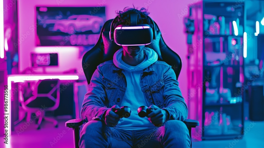Gamer immersed in a VR headset, sitting on a gaming chair with controllers in hand, surrounded by high-tech gaming gear and neon lights Gamer immersed in a VR headset, sitting on a gaming chair with controllers in hand, surrounded by high-tech gaming gear and neon lights
