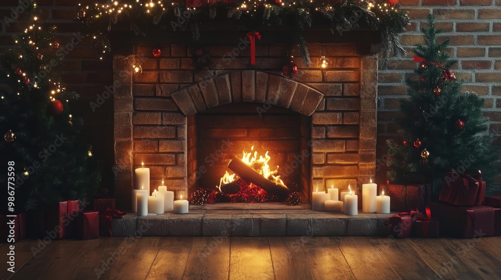 Cozy fireplace with glowing flames, decorated with candles and Christmas trees, perfect for a warm holiday atmosphere. Cozy fireplace with glowing flames, decorated with candles and Christmas trees, perfect for a warm holiday atmosphere.